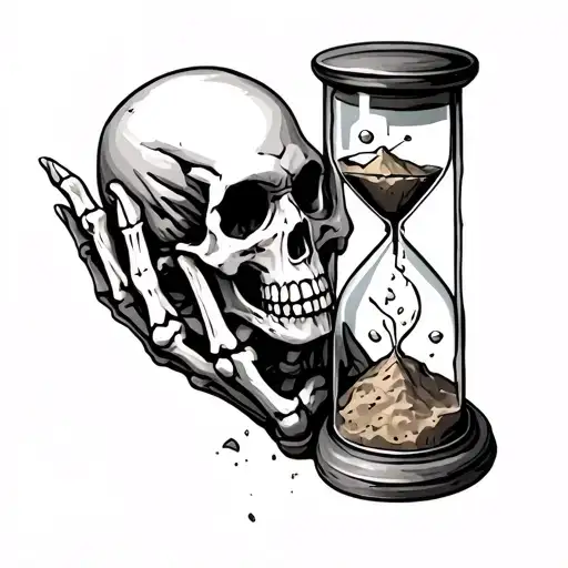 Skeleton Hand Holding An Hour Glass Broken With Sand Falling Out And A Skull