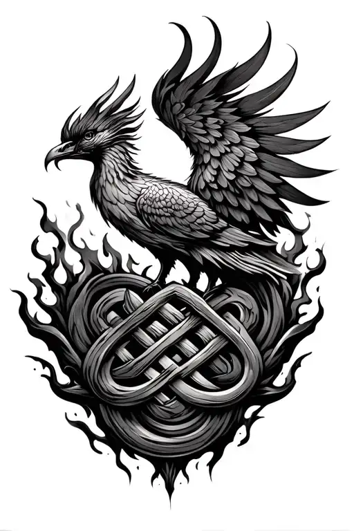 Endless Knot With Japanese Phoenix Rising From The Ashes