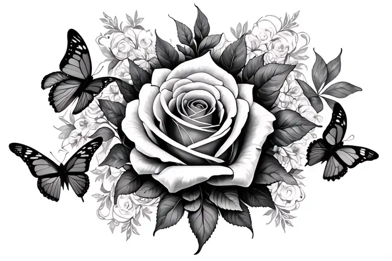 Rose And Cross With Butterflies Surrounding