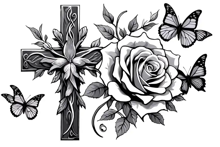 Rose And Cross With Butterflies Flying