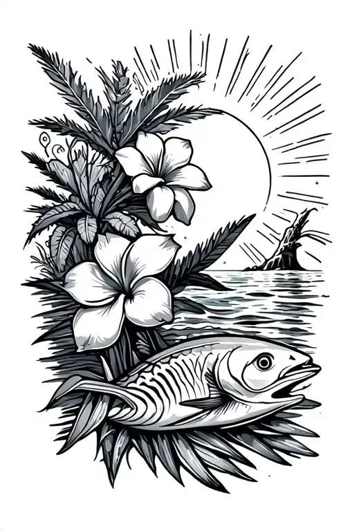 Plumerias Cactussand Oceanmarlin Fishpalmtreesbluffsunoceansun Rays
