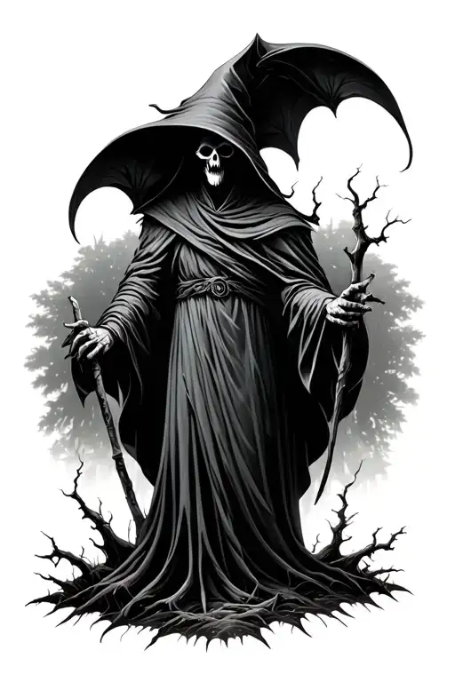 Haunted Forest Landscape With Grim Reaper