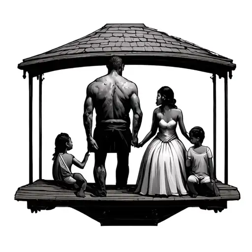 A Man Holds A Platform Behind Him On Which His Wife And 2 Children Sit