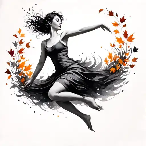 Woman Levitating With Autumn Leaves Swirling Around Her Floral Minimal Design Watercolour