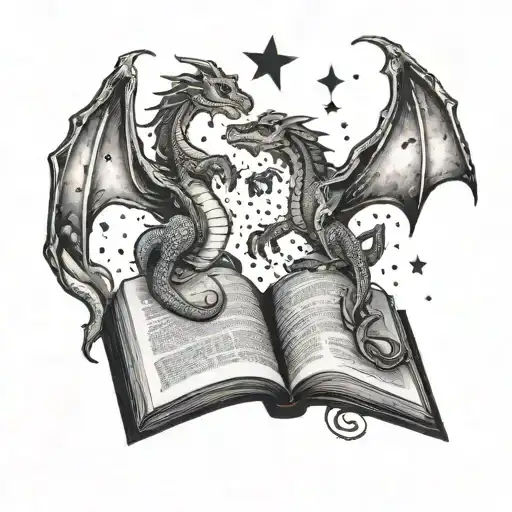 Two Dragons Flying Out Of A Book Into The Night Sky Filled With Stars