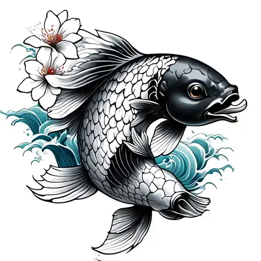 Koi Fish Tattoo With Waves And Cherry Blossoms
