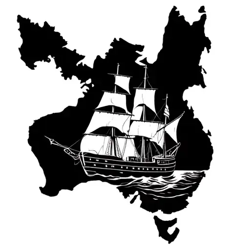 Convict Ship On Sea The Shape Of Australia Coastline