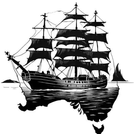 Convict Ship On The Flat Shape Of Australia Coastline