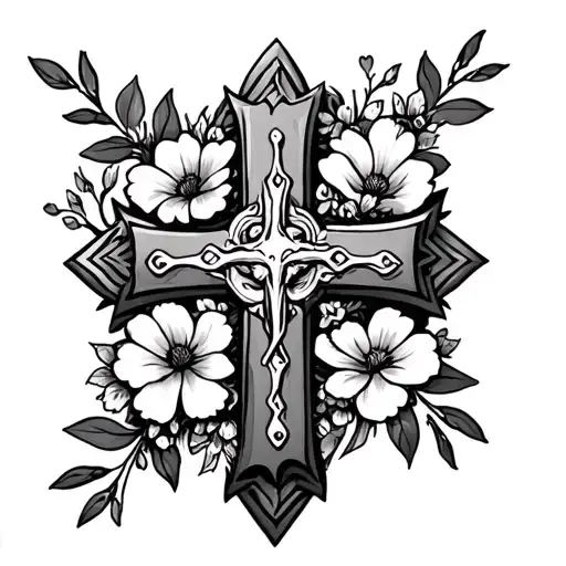 Cross Surrounded With Flowers And Hearts