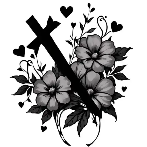 Cross And Flowers With Hearts