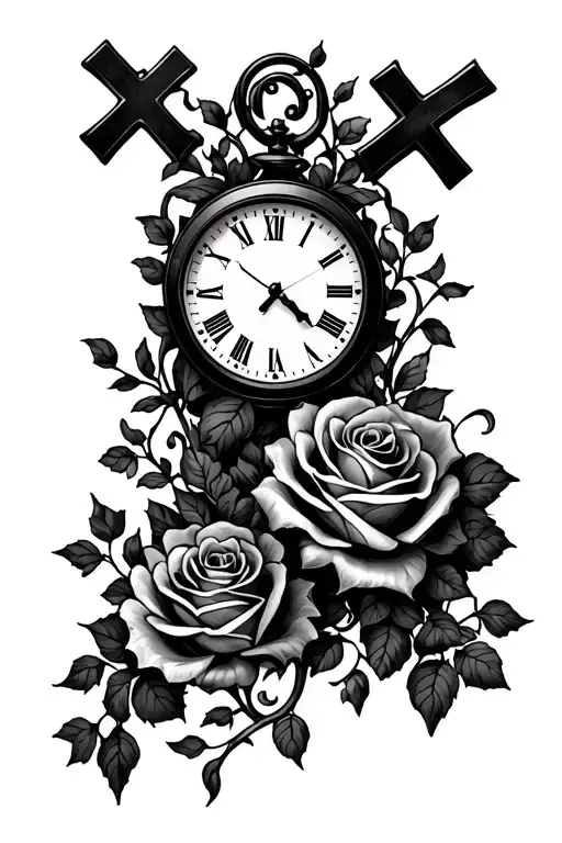Roses And Crosses With Vine Going Around Arm And A Clock