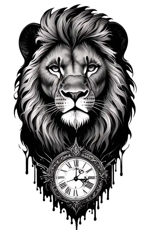 Lion Tatto With Ancient Clock Melting