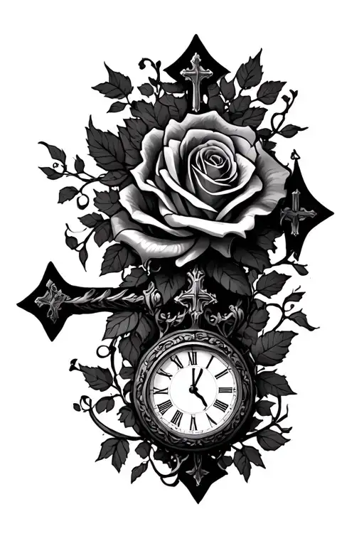 Roses And Crosses With Vine Going Around The Arm And A Clock