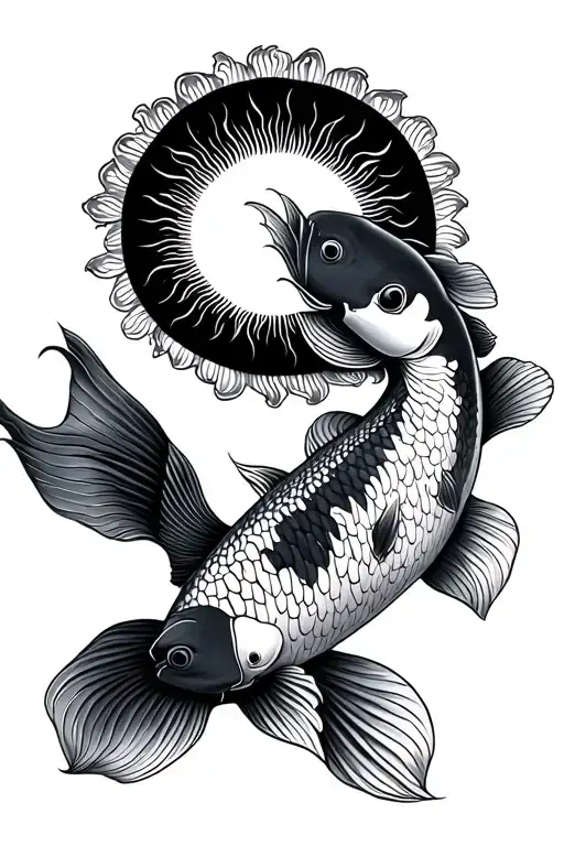 2 Kois Eating A Sun In Black And Grey Tradition Japanese Style
