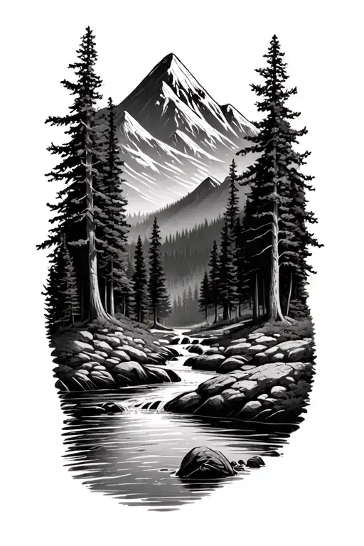 Forest With River Flowing And Mountain In Background