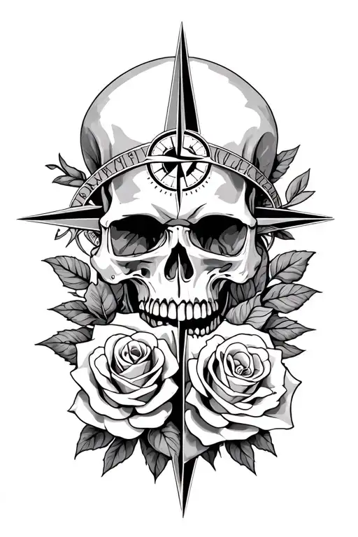 Skull Roses Compass Rose With Intricate Details