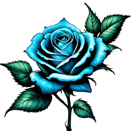 Blue Rose With Green Leaves