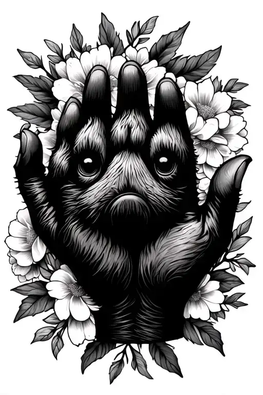 Paw In Hand Surrounded By Floral Wreath Encircling