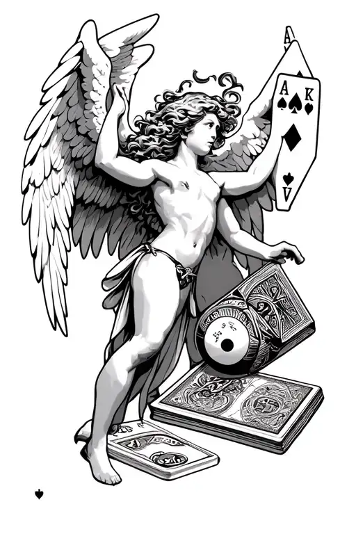 Angel Icarus And Ball 8 Of Pool With Playing Cards