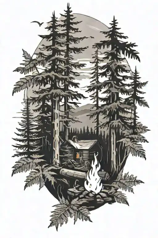Misty Evergreen Forest Scene With Campfire And Ferns