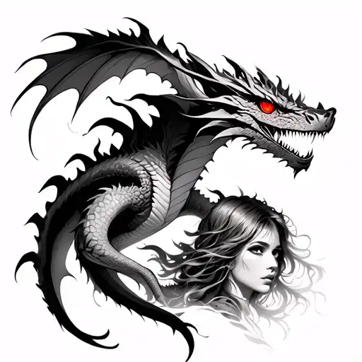 Realistic Dragon Tattoo With Burning Red Eyes And A Woman Below It