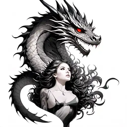 Realistic Dragon Tattoo With Burning Red Eyes And A Woman Below It