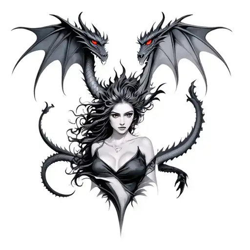 Realistic Dragon Tattoo With Burning Red Eyes And A Woman Below It