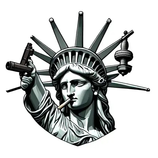 The Statue Of Liberty Holding A Rifle With A Cigar In Her Mouth