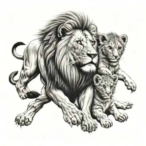 Lion Mother Protecting Lion Babies