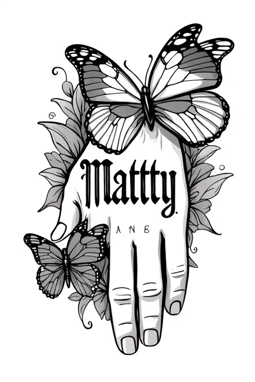 Matty Old English Name Hand Tattoo With Butterfly Background