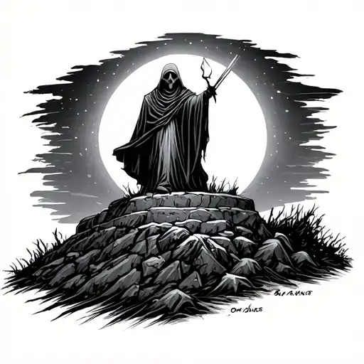 Viking Style Grim Reaper On A Burial Mound In The Moonlight