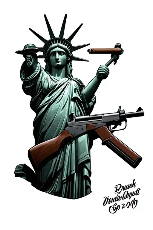 The Statue Of Liberty Holding A Rifle With A Cigar In Her Mouth