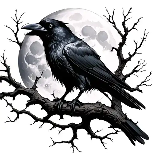 Raven In Tree No Branches And Moon