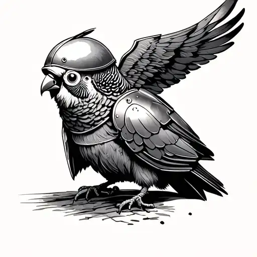 Vintage Paper Line Art Design Of Whole Budgie Wearing A Battle Worn Armor With Helmet