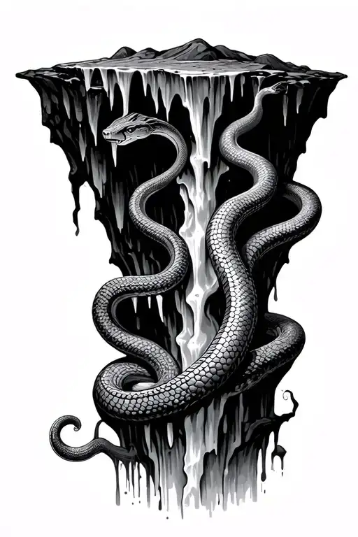 Snake Coiling Vertically Up A Giant Stalactite In Dark Cave