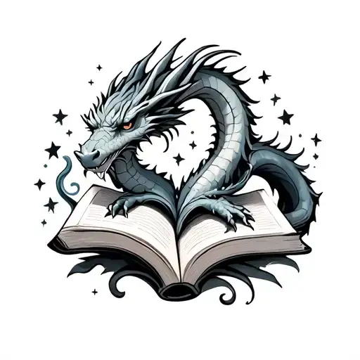 Dragon Open Book Stars And Swirls Around Dragon Wrapped