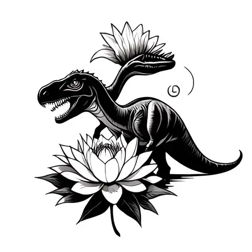 Very Small And Simple Outline Tattoo Of A Lotus Flower And A Dinosaur Together