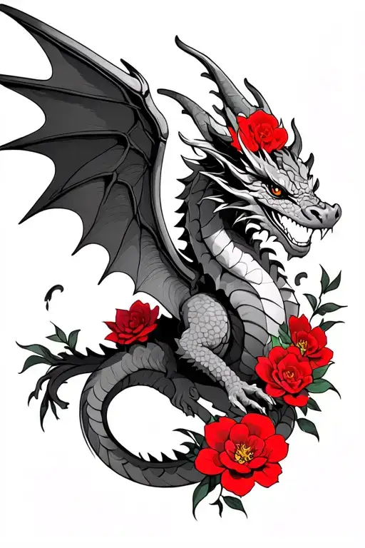 A Dragon With Wings And Red Flowers