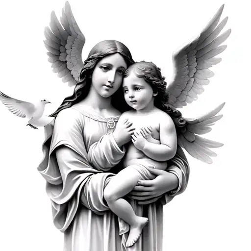 Mary Holding Child With Baby Angel And Dove