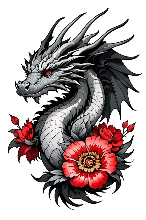 A Dragon With Wings And Red Flowers