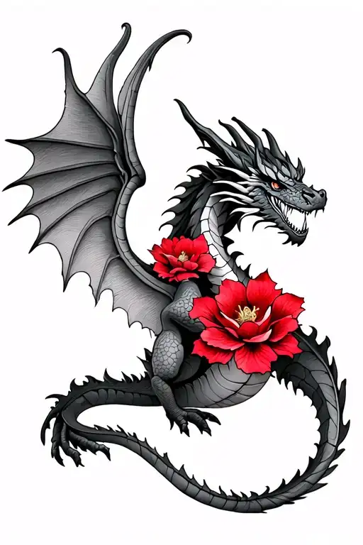 A Dragon With Wings And Red Flowers