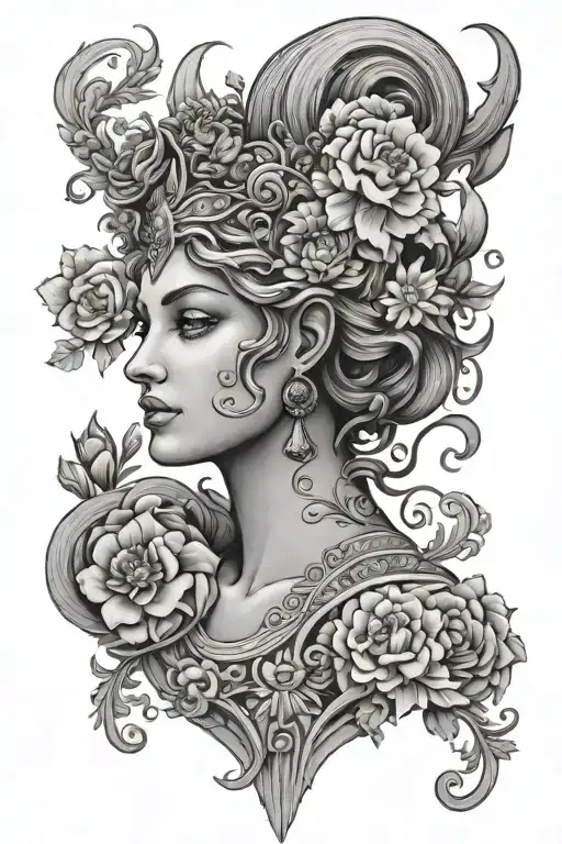 Greek Goddess Surrounded By Stone Carving Floral Patterns