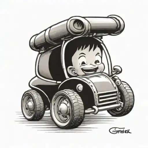 A Sleek Black And Grey Tattoo Of A Child Driving A Toy Car With A Big Smile On Their Face