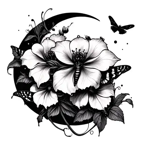 Gothic Moths Fly Away From Datura Flowers Towards A Crescent Mood