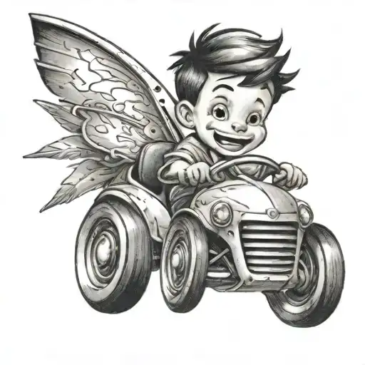 A Sleek Black And Grey Tattoo Of A Child Driving A Toy Car With A Big Smile On Their Face