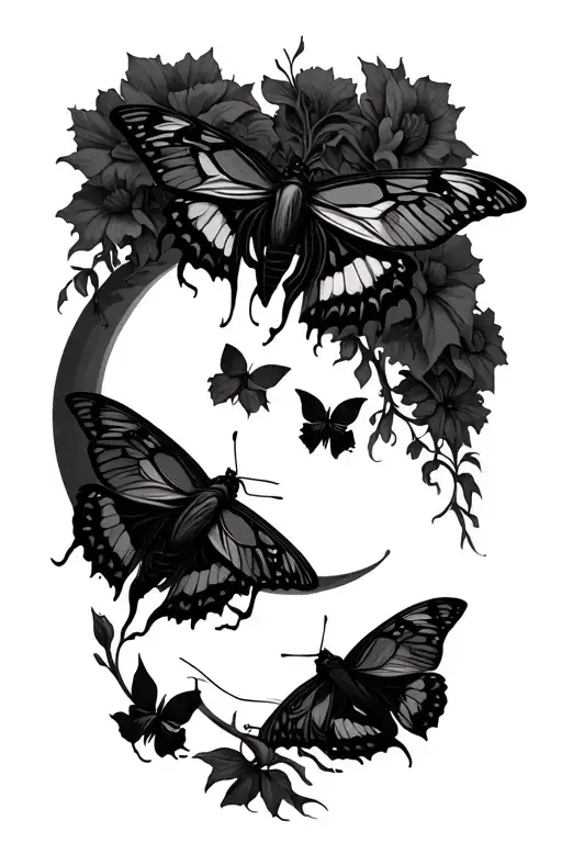 Gothic Moths Fly Away From Datura Flowers Towards A Crescent Mood