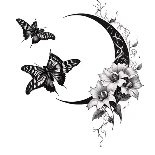 Gothic Moths Fly Away From Datura Flowers Towards A Crescent Mood