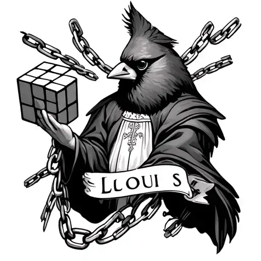 Draw Me A Tattooo Design With A Cardinal Holding A Chain With The Name Louis And A Rubix Cube
