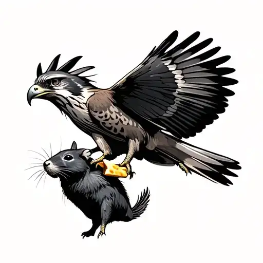 I Want A Falcon Flying With Rat With Cheese In Its Mouth