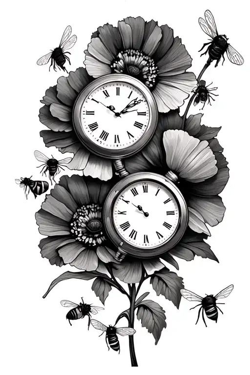 Tattoo With Two Timepieces Surrounded By Poppies And Dandelions And Honey Bees